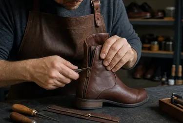 Profissional consertando zíper de uma bota no ateliê de sapateiro.