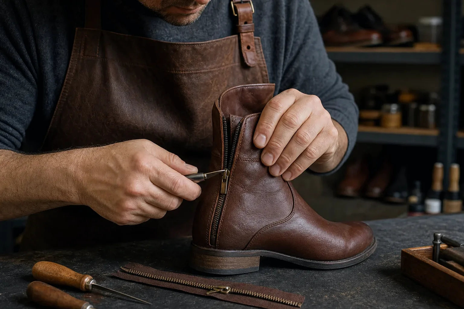 Profissional consertando zíper de uma bota no ateliê de sapateiro.